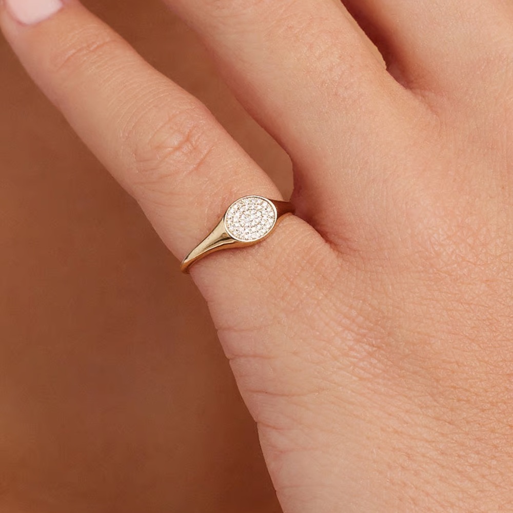 14K YG GORJANA PAVE DIAMOND SIGNET RING SZ 7